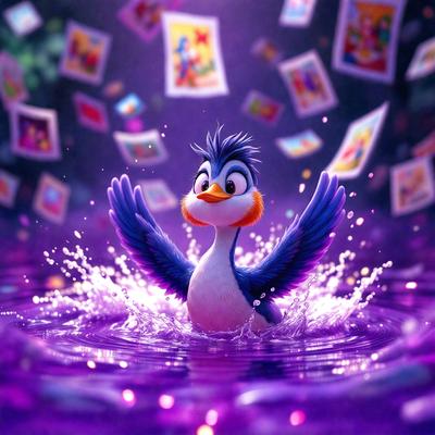 The primary subject of the image is a blue bird, likely a duck, with a yellow beak and a purple background. The bird is in the water, possibly a lake, and appears to be enjoying the splashing water. The setting is a purple environment, which adds a unique and vibrant atmosphere to the scene. The visual style of the image is a combination of photo and digital art, creating a realistic yet artistic representation of the bird in the water.